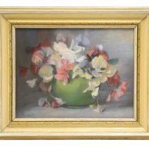 Untitled [White, beige, pink flowers in green vase]