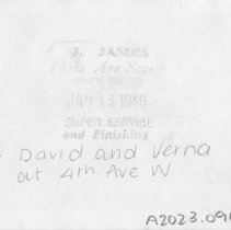 David and Verna at 4th Ave W, 1946 - reverse