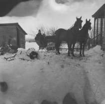 K-81-13-17 People on a horse and buggy outside a house, winter time.