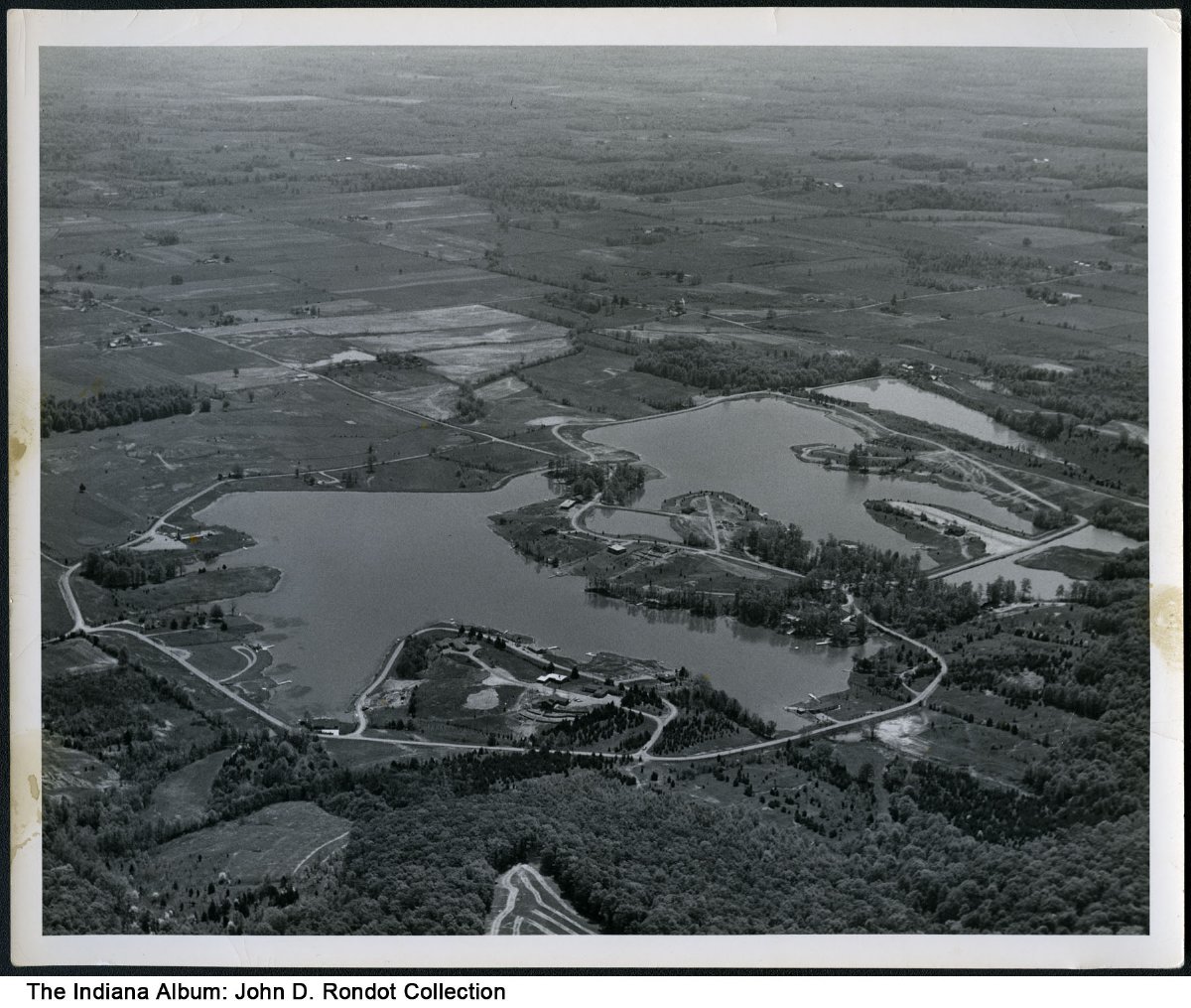 Aerial view of Harrison Lake, Columbus, Indiana, circa 1954 Aerial