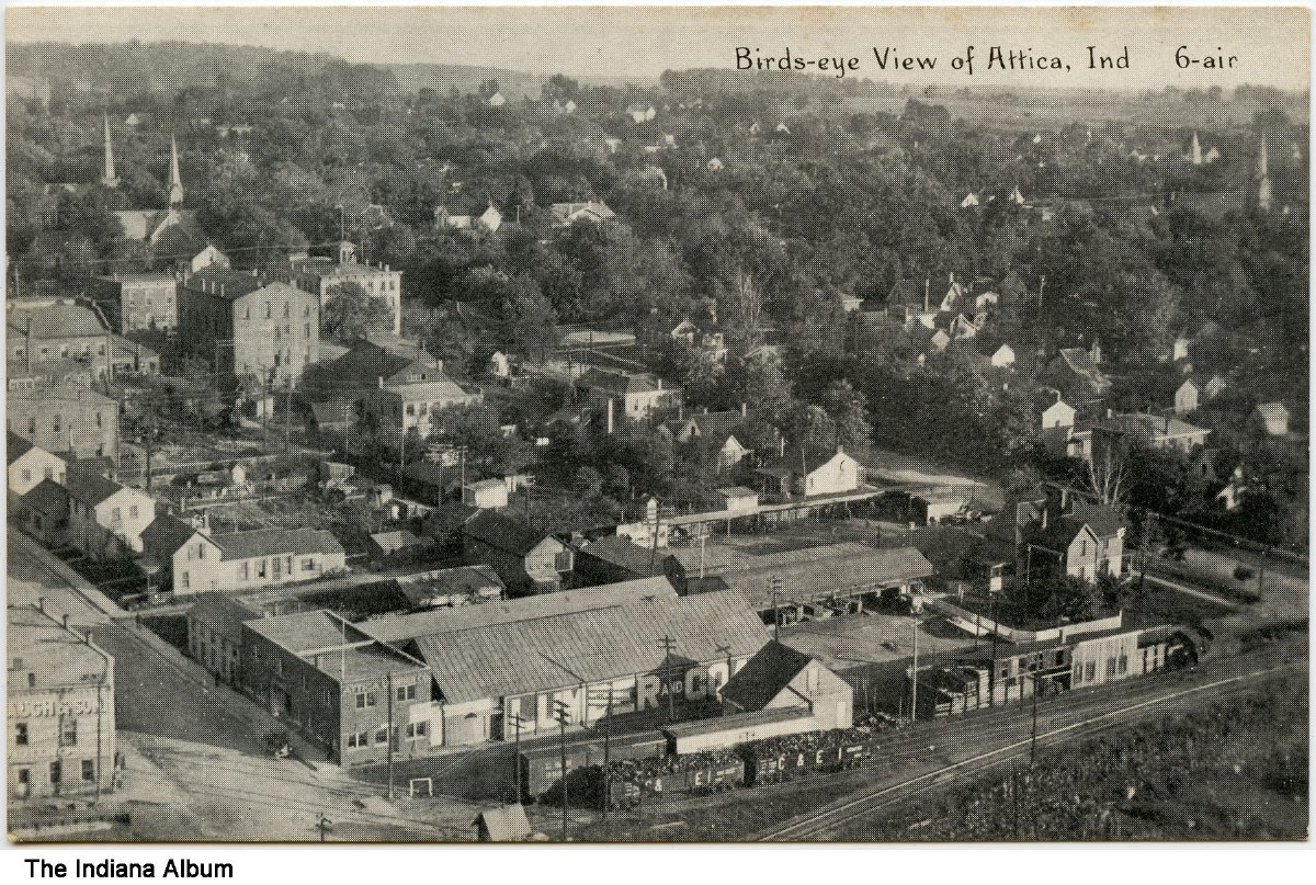 Birds'eye view of a lumber yard and other buildings, Attica, Indiana