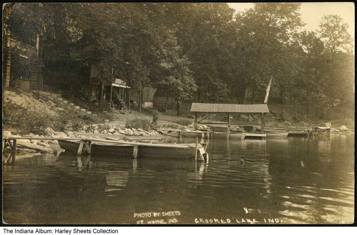 Boats and piers on Crooked Lake, Angola, Indiana, circa 1914
