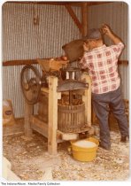 Curt Lorenzen making cider, Fort Wayne, Indiana, 1979