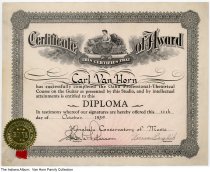 Certificate for Carl Van Horn completing a guitar course, Fort Wayne, India