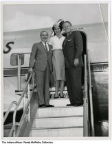 Art Linkletter and others on aircraft stairs, Indianapolis, Indiana, circa 1960