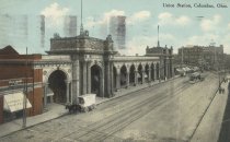 Postcard of aerial view of exterior of Union Station in Columbus, Ohio