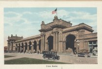 Postcard of exterior of Union Station with cars