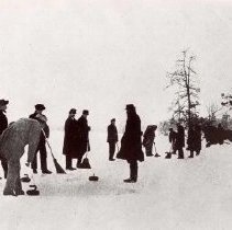 Early Settlers Curling on the Ice - Orchard Lake - Man Slooping over is Peter Dow