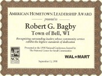 Bob Bagby Hometown Award Certificate