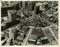 Black and white sepia-toned glossy aerial photograph of Grand Circus Park