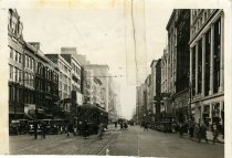 Sepia-toned glossy photo of downtown buildings along Woodward Avenue
