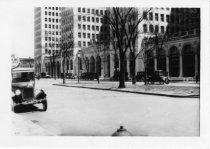 Black and white glossy photo that show the entrance to the General Motors Building on West Grand Boulevard