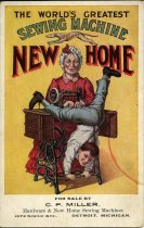 Color postcard depicting a gap-toothed old women at a sewing machine, humorously sewing the pants on an upside-down boy while he is still wearing them