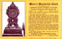 Monochromatic postcard with a yellow background depicting Meier's Wonderful Clock with a man standing next to it