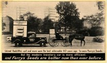 Black and white postcard depicting a pickup and a horse-drawn buggy, both of the Ferry-Morse Seed Co