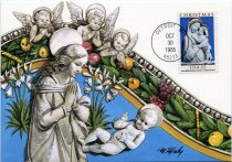 First Day Cover postcard for the Christmas 1985 stamp of Luca della Robbia's Madonna and Child, from the collection of the Detroit Instiute of Arts