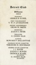 Card printed with a list of Officers of the Detroit Club for 1929-30, including president George B