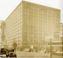 Sepia-tone photo cut-out of the exterior of the Michigan Building, as taken from across the east side of Bagley Avenue, north of Clifford Street, facing west