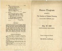 Half folded program for a dance performance presented by The Students of Natural Dancing under the direction of Prudentia Huffman, with piano accompaniment by Sally Swain, at Northwestern High School on May 29,1929