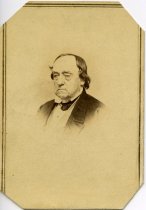 Carte-de-visite bearing a sepia-toned head-and-shoulders photograph of an older Lewis Cass