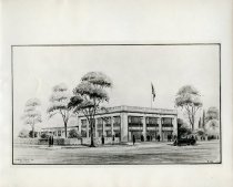 Black and white photographic print of a drawing of a Packard Motor Car Co. building