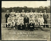Black and white photographic print depicting Jay & Jay baseball team, 1927 Detroit Baseball Federation Class B Champions