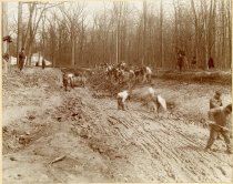 Mounted sepia-toned photographic print of the Belle Isle canals being dug by previously unemployed men