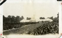 Sepia-toned photo of the exterior of the Belle Isle Conservatory as shot from the garden to the west