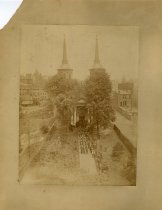 Black & white photographic print depicting the former Ste. Anne de Detroit Catholic Church