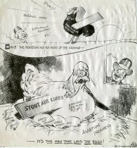 Cartoon printed in black on paper, by cartoonist Leo Thiele
