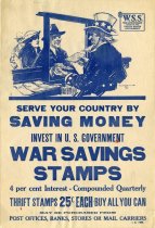 World War I poster: printed in blue on white paper A drawing at top shows Uncle Sam selling War Savings Stamps
