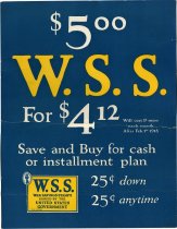 World War I poster printed on blue cardboard with yellow and white text: $5