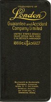 Pocket-sized calendar book distributed as a promotional item by London Guarantee and Accident Company Limited through their local agents Raymond & Raymond, and their special agent Lotta Dutton