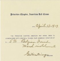 Receipt. Princeton Chapter, American Red Cross to Mrs. J.S. Morgan.