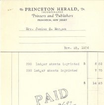 Receipt. Princeton Herald, Printers and Publishers to Mrs. J. S. Morgan.