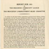 Report for 1933 of the Princeton Community League and the Princeton Unemployment Relief Committee.