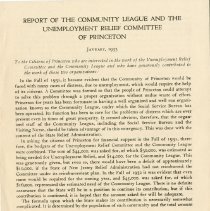 Report of the Princeton Community League and the Princeton Unemployment Relief Committee, January 1933