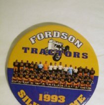 Yellow and blue pin button with image of football team and school logo
