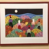 Framed artwork of colorful hills and figures standing facing away from view