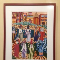 Framed artwork with colorful town and figures w water jugs