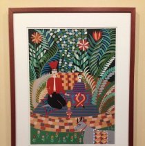 Framed artwork with colorful garden and seated figures