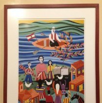 Framed artwork with colorful town and figures waving to man in boat