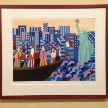 Framed artwork of figures in boat, NYC and Statue of Liberty