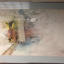 Abstract watercolor painting in rose, yellow, blue and black on white paper