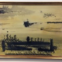Framed black and beige water color painting of an abstract ship