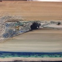 Tempera and ink painting in blues, beige and black