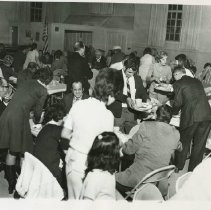 Black and white photo of banquet hall of Christ Church