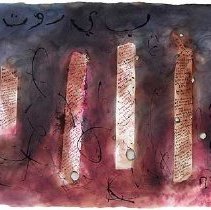 Watercolor painting in dark indigo and mauve with calligraphy in black