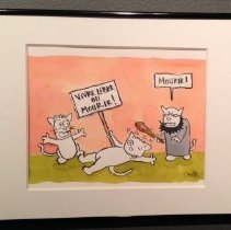 Watercolor painting in black, pink, grey and green w three cat figures