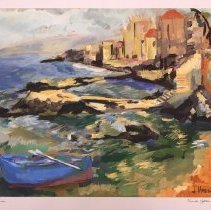 Color painting of bay with heavy brush strokes, signed lower right